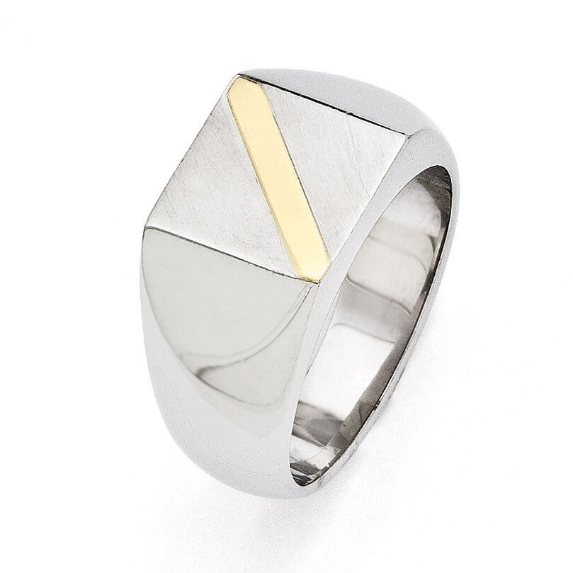 Brushed and Polished with 14K Gold Stripe Signet Ring - Stainless Steel SR303