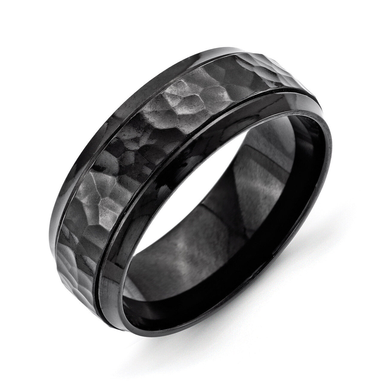 8mm Black IP-plated Hammered Polished Beveled Edge Band - Stainless Steel SR334 by Chisel, MPN: SR3…