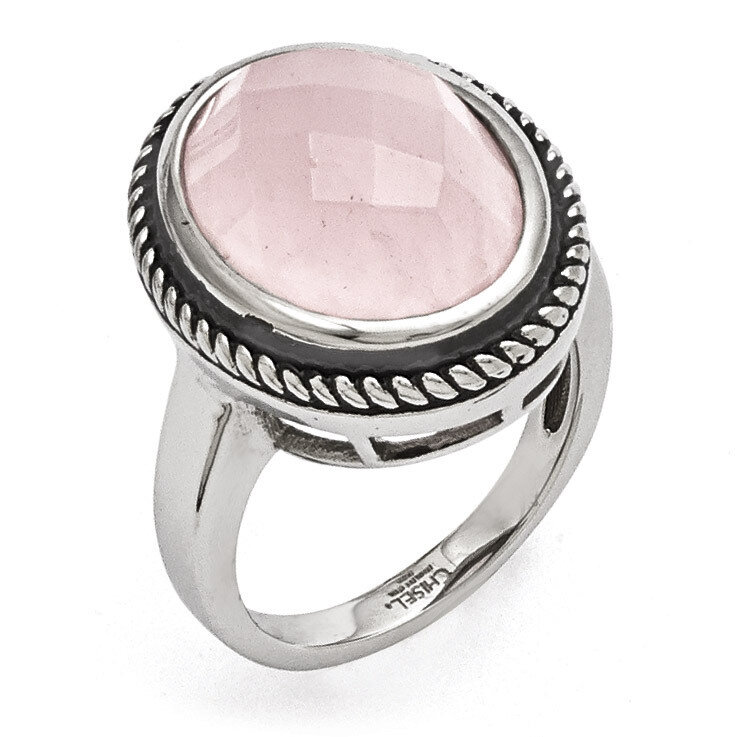 Polished and Antiqued Rose Quartz Ring - Stainless Steel SR364