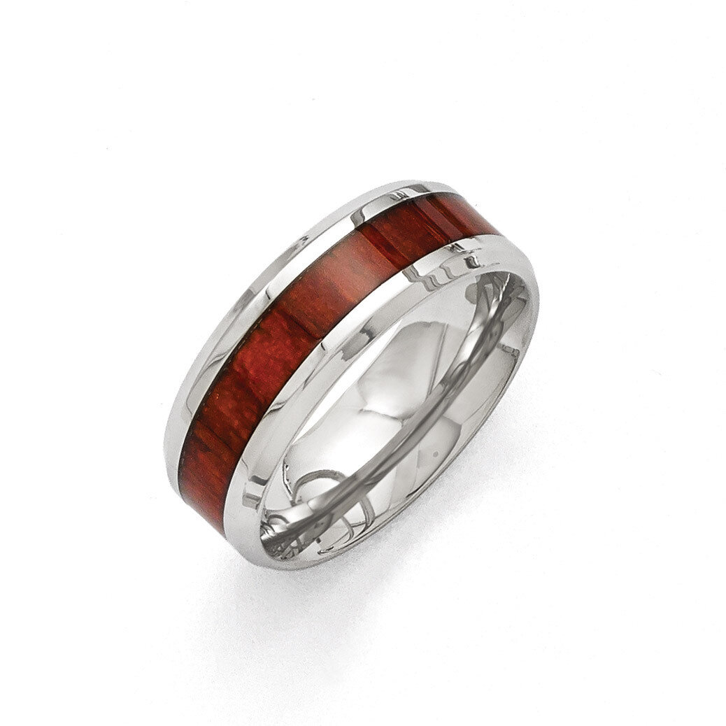 Polished Red Wood Inlay Enameled 8.00mm Ring - Stainless Steel SR402