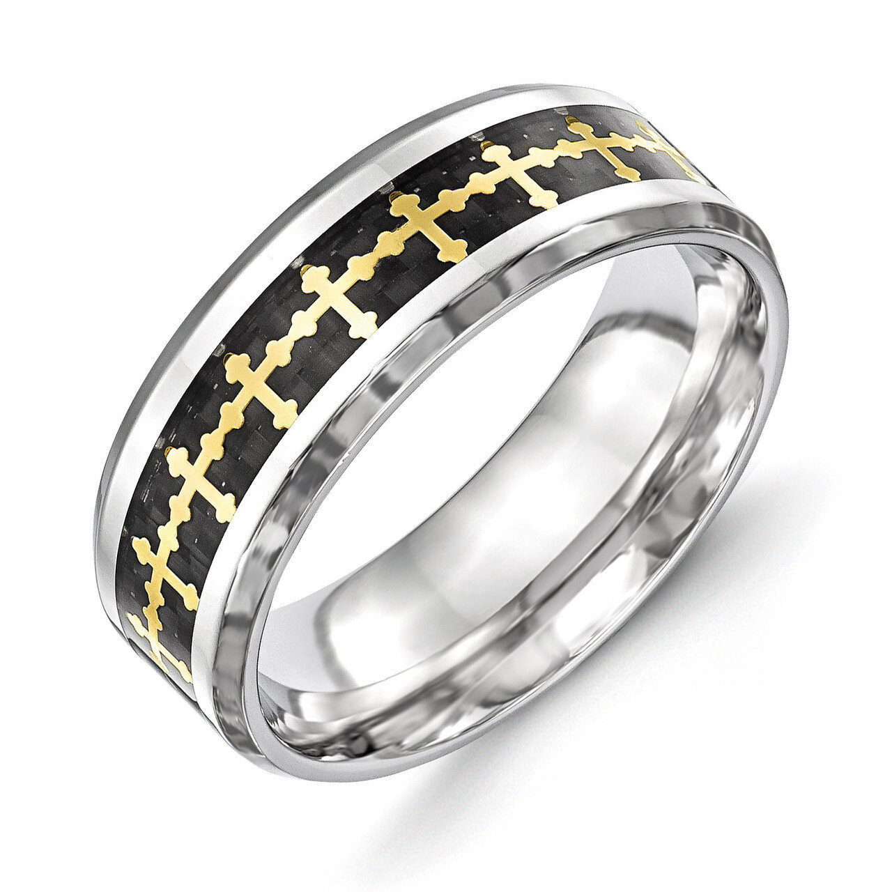 Polished Carbon Fiber Yellow IP-plated Crosses Ring - Stainless Steel SR406 by Chisel, MPN: SR406, …
