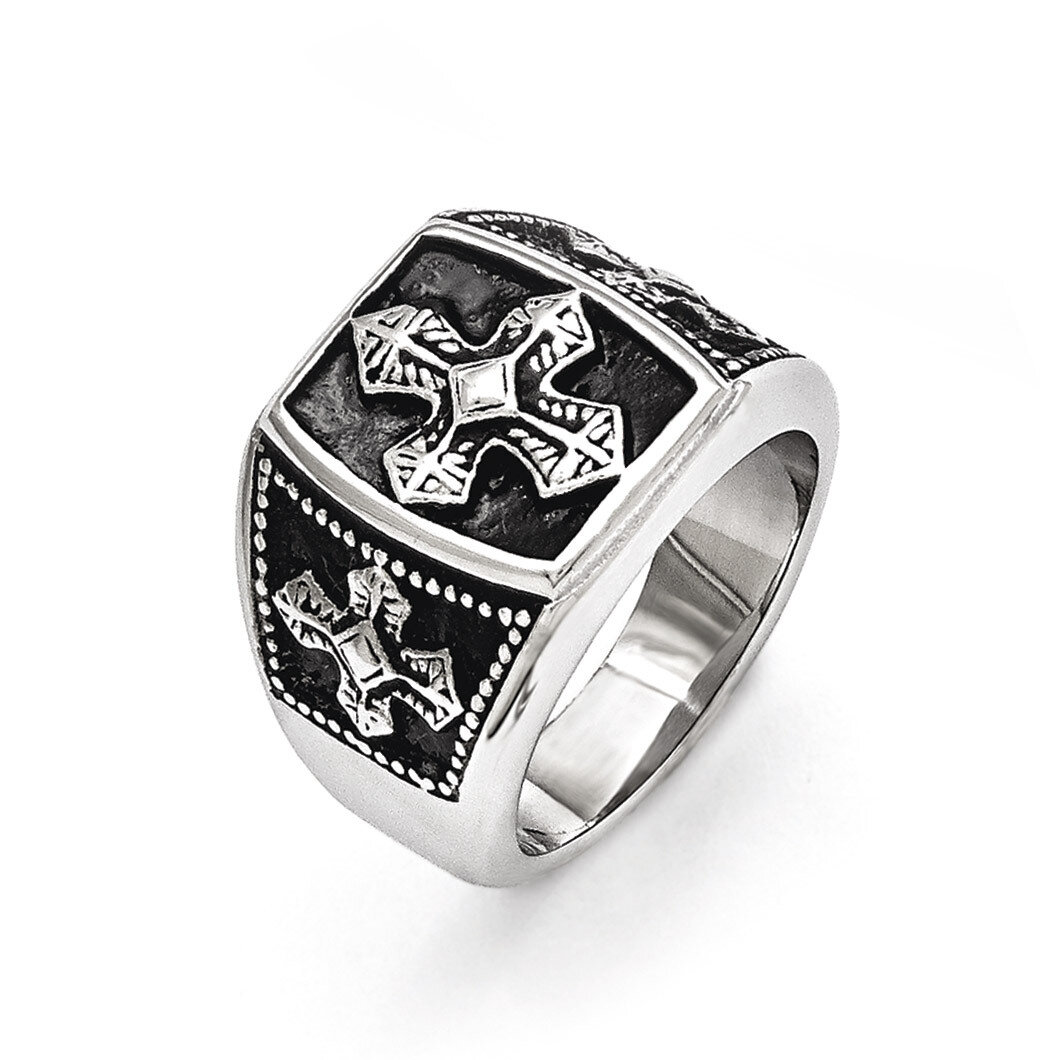 Polished and Antiqued Cross Ring - Stainless Steel SR418