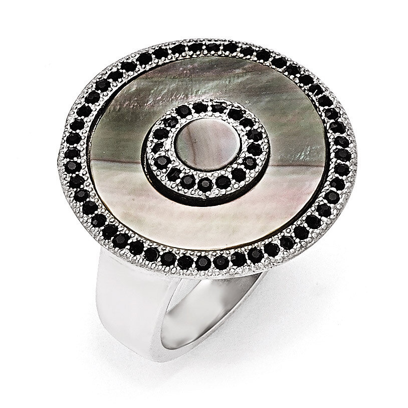 Polished Black Mother of Pearl and Crystal Ring - Stainless Steel SR445