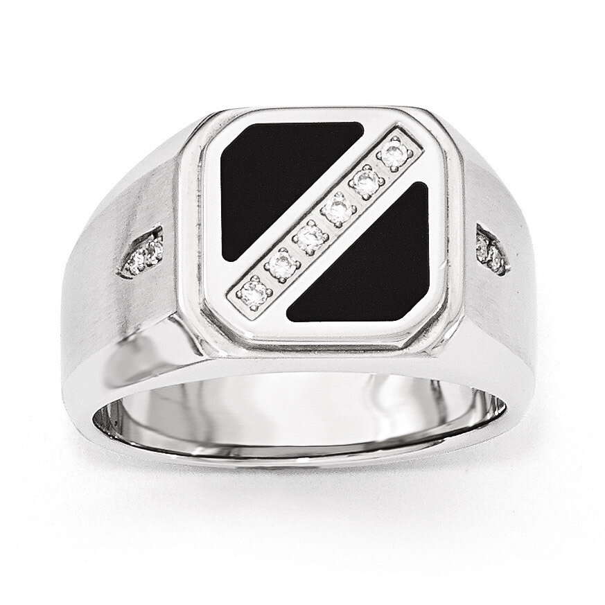 Satin &amp; Poilshed with Black Enamel Synthetic Diamond Ring - Stainless Steel SR460