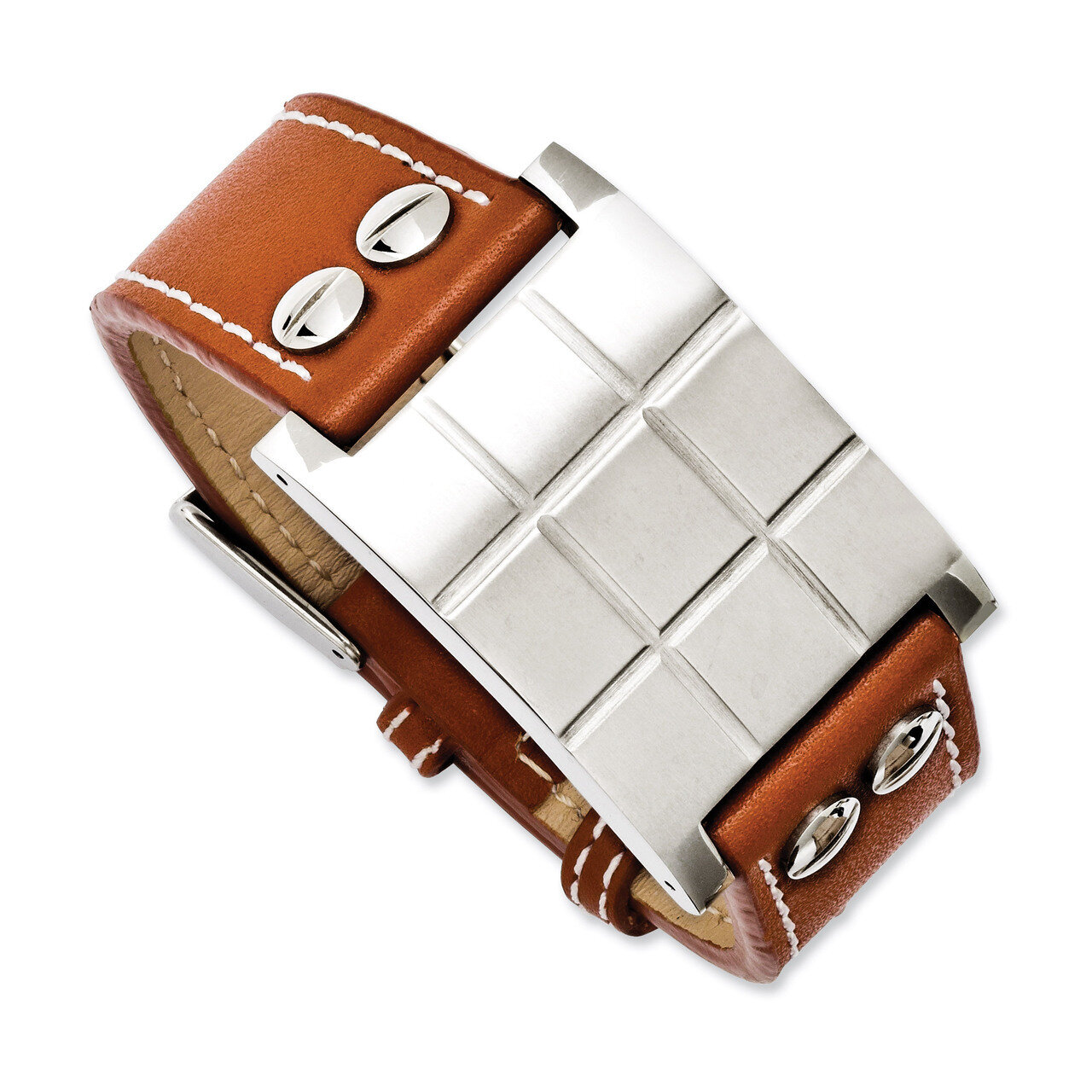 Brown Leather Adjustable Buckle Bracelet - Stainless Steel SRB1088