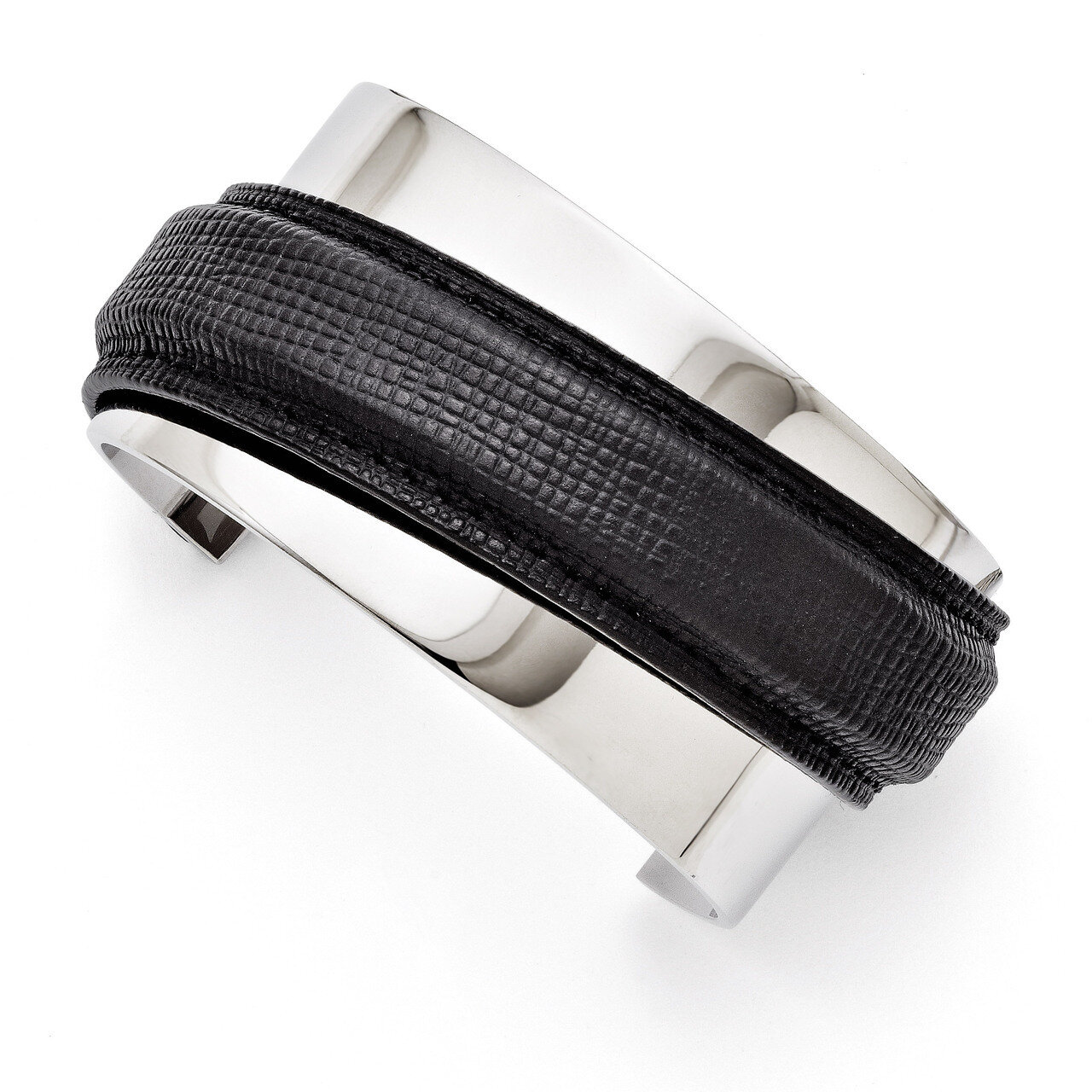 Polished with Leather Cuff Bangle - Stainless Steel SRB1299 by Chisel, MPN: SRB1299, 886774263229
