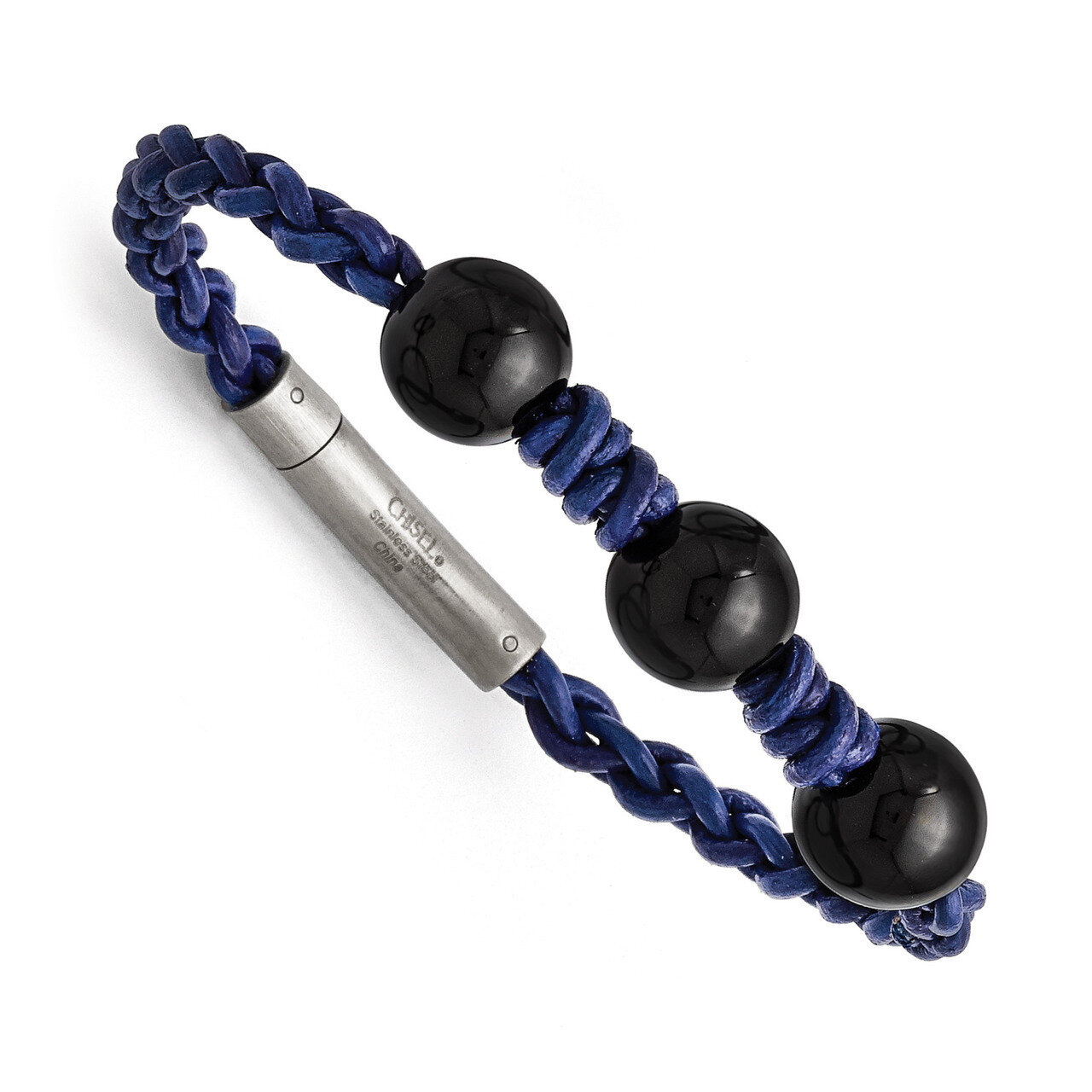 Black Agate Bead and Blue Braided Leather Bracelet - Stainless Steel SRB1357 by Chisel, MPN: SRB135…