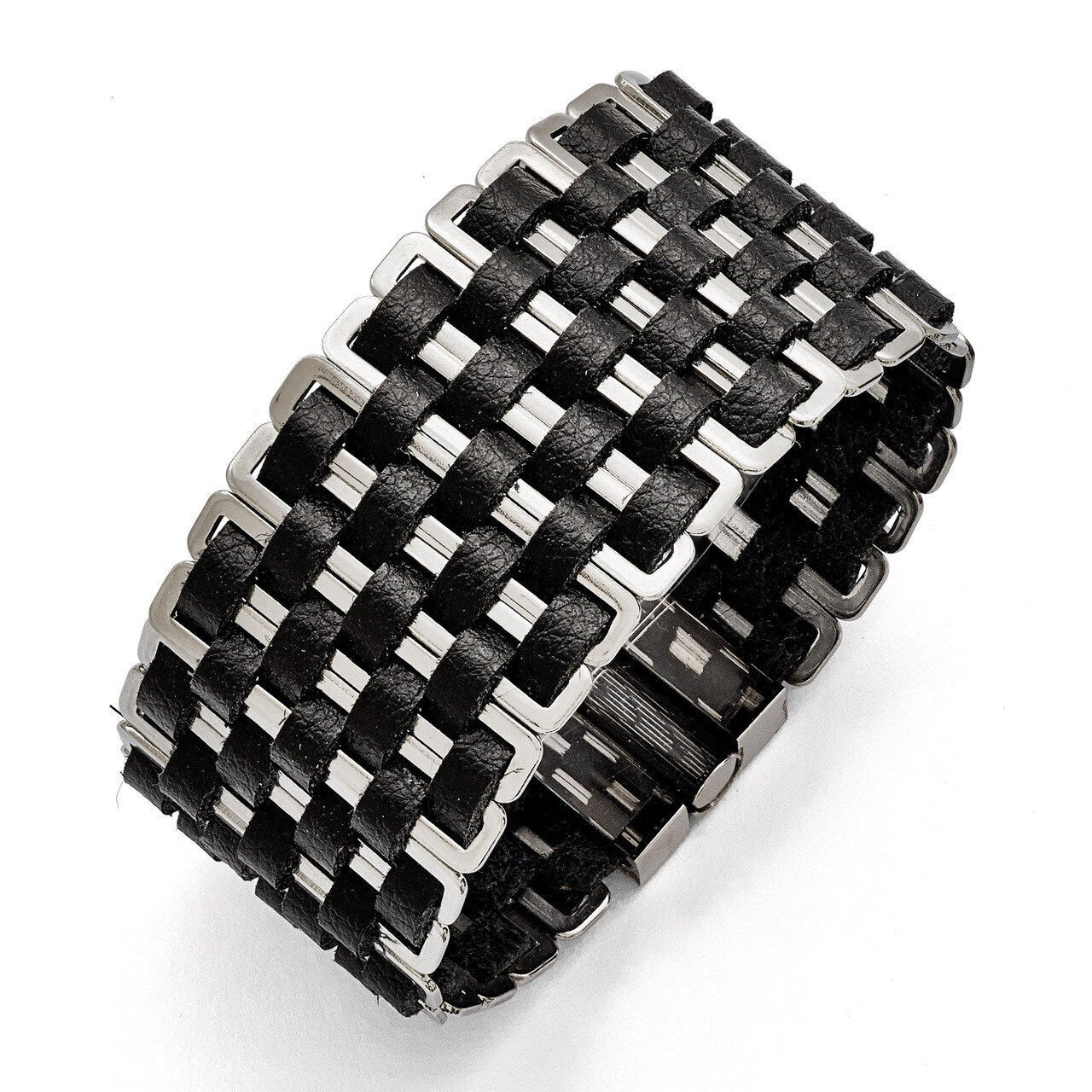 Polished Woven Black Leather Bracelet - Stainless Steel SRB1565
