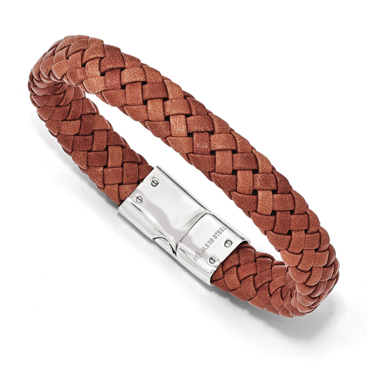 Polished Woven Brown Leather Bracelet - Stainless Steel SRB1624-8.25