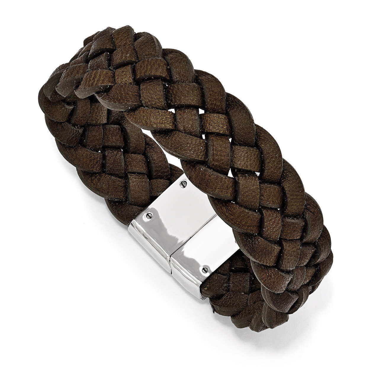 Polished Woven Brown Leather Bracelet - Stainless Steel SRB1627-8.75