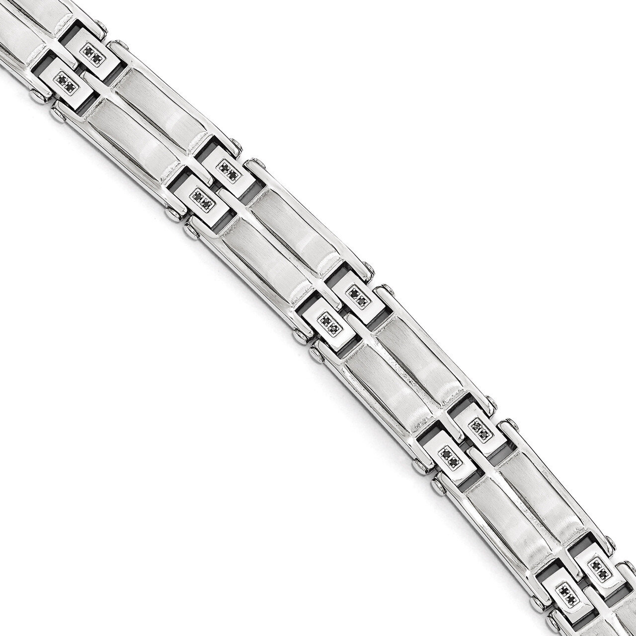 Satin &amp; Polished with Black Synthetic Diamond Link Bracelet - Stainless Steel SRB1712-8.5 by Chisel…