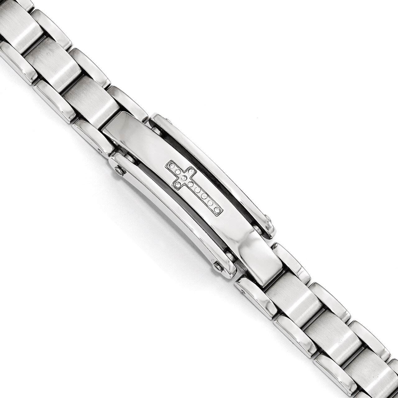 Polished &amp; Brushed Synthetic Diamond Cross ID Bracelet - Stainless Steel SRB1725-8.5 by Chisel, MPN…