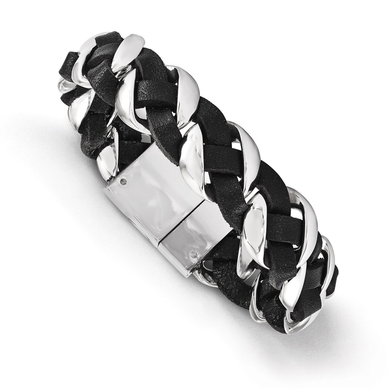 Polished Leather Braided Bracelet - Stainless Steel SRB1745-8
