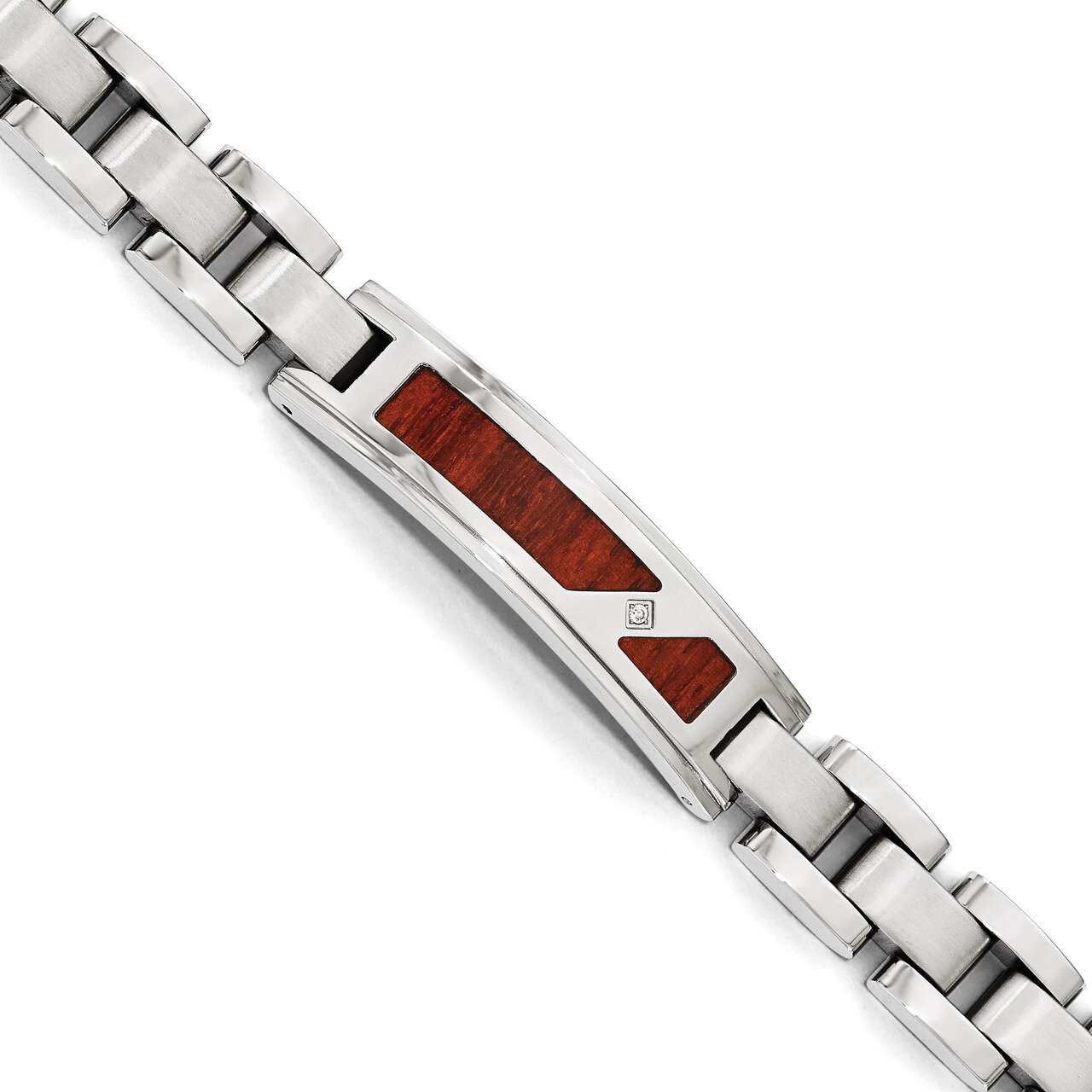 Brushed &amp; Polished with Wood Inlay and Synthetic Diamond Bracelet - Stainless Steel SRB1758-8.5 by …
