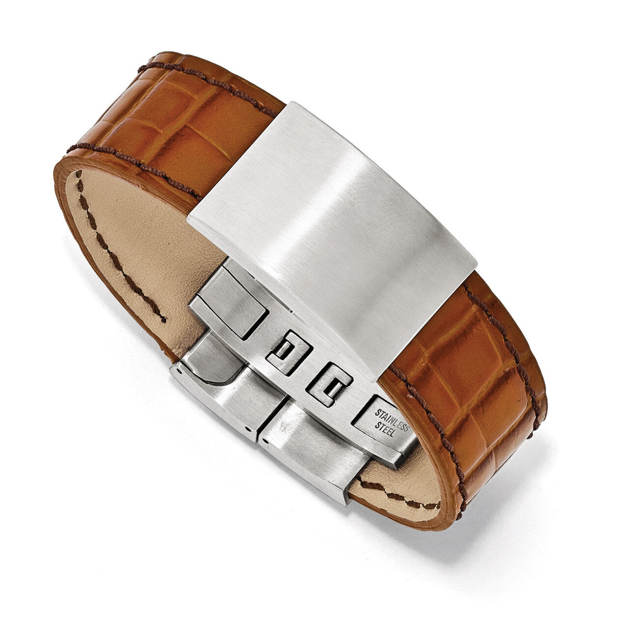 Satin Textured Light Brown Leather 8 Inch ID Bracelet - Stainless Steel SRB1776-8 by Chisel, MPN: S…