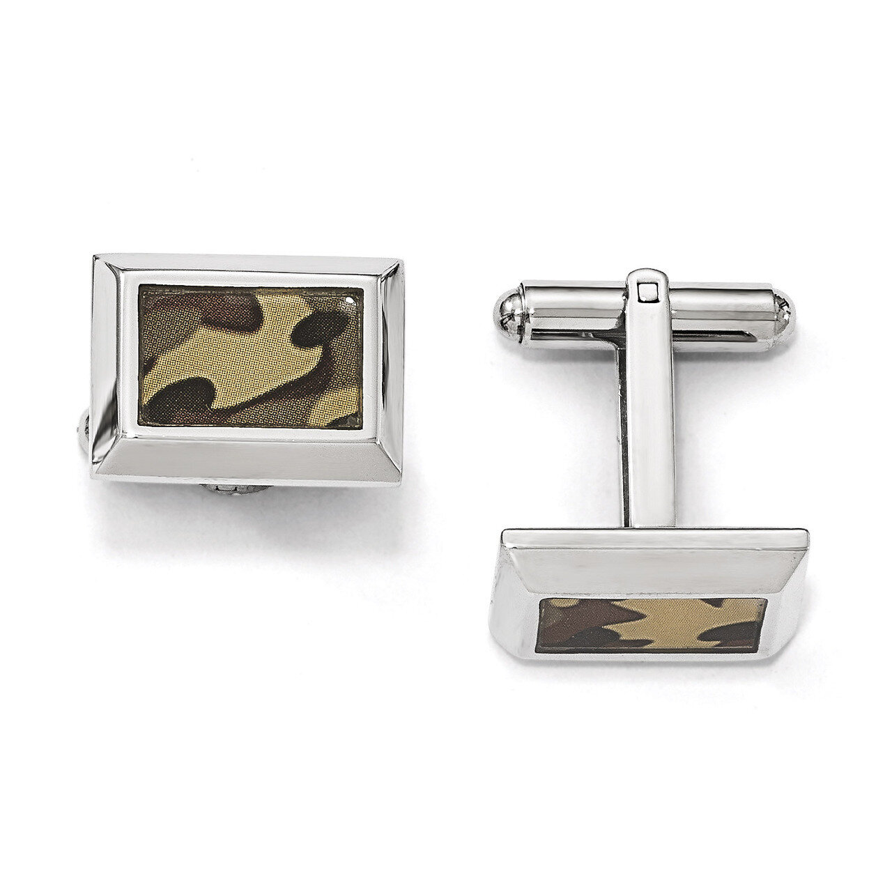 Polished Printed Brown Camo Under Rubber Cufflinks - Stainless Steel SRC297