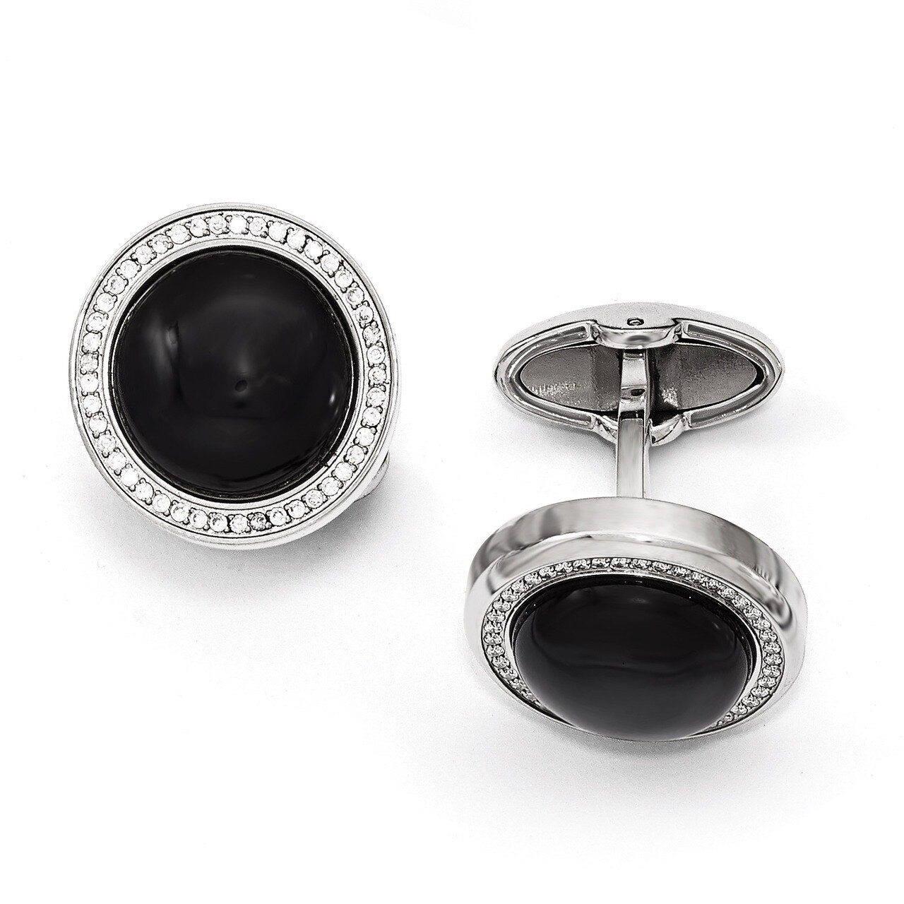 Polished with Synthetic Diamond and Onyx Circle Cufflinks - Stainless Steel SRC298