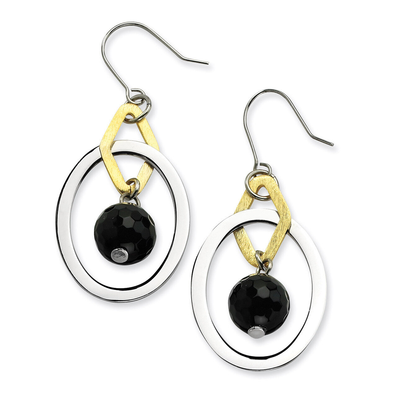 Yellow IP-plated & Polished Circles with Onyx Earrings - Stainless Steel SRE194