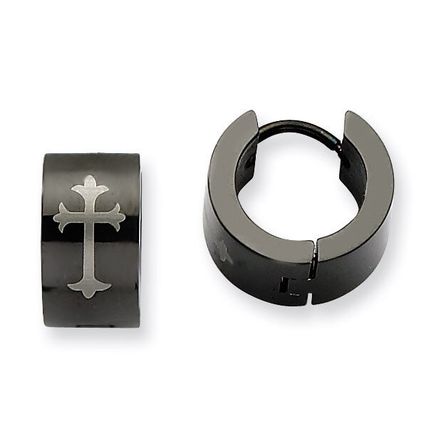 Black IP-plated Round Hinged Hoop with Cross Earrings - Stainless Steel SRE337
