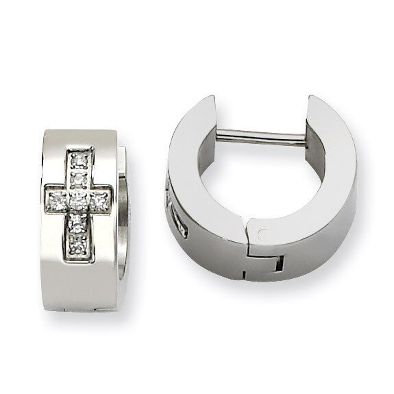 Synthetic Diamond Cross Brushed &amp; Polished Hinged Hoop Earrings - Stainless Steel SRE349 by Chisel,…