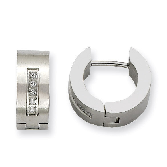 Synthetic Diamond Brushed &amp; Polished Round Hinged Hoop Earrings - Stainless Steel SRE353 by Chisel,…