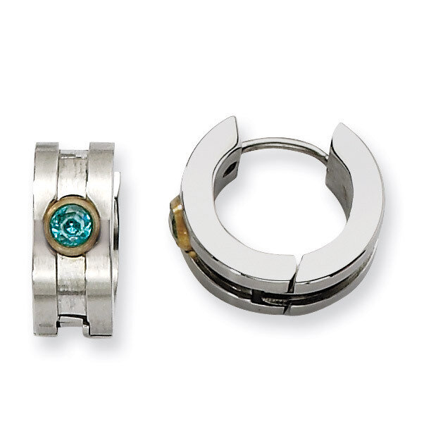 Teal Synthetic Diamond &amp; Yellow-plated Hinged Hoop Earrings - Stainless Steel SRE358 by Chisel, MPN…