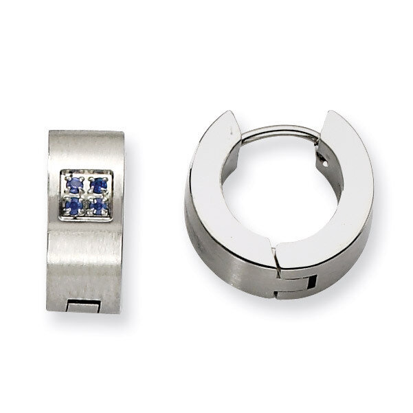 Blue Synthetic Diamond Brushed &amp; Polished Hinged Hoop Earrings - Stainless Steel SRE361 by Chisel, …