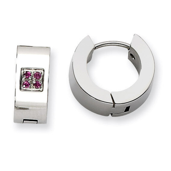 Pink Synthetic Diamond Brushed &amp; Polished Hinged Hoop Earrings - Stainless Steel SRE362 by Chisel, …