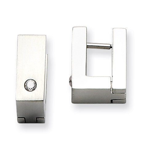 Synthetic Diamond Brushed &amp; Polished Square Hinged Hoop Earrings - Stainless Steel SRE366 by Chisel…