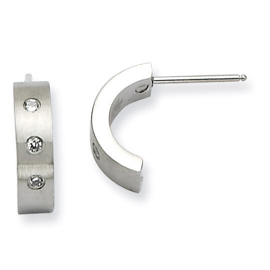 Synthetic Diamond Brushed & Polished Half Hoop Post Earrings - Stainless Steel SRE388