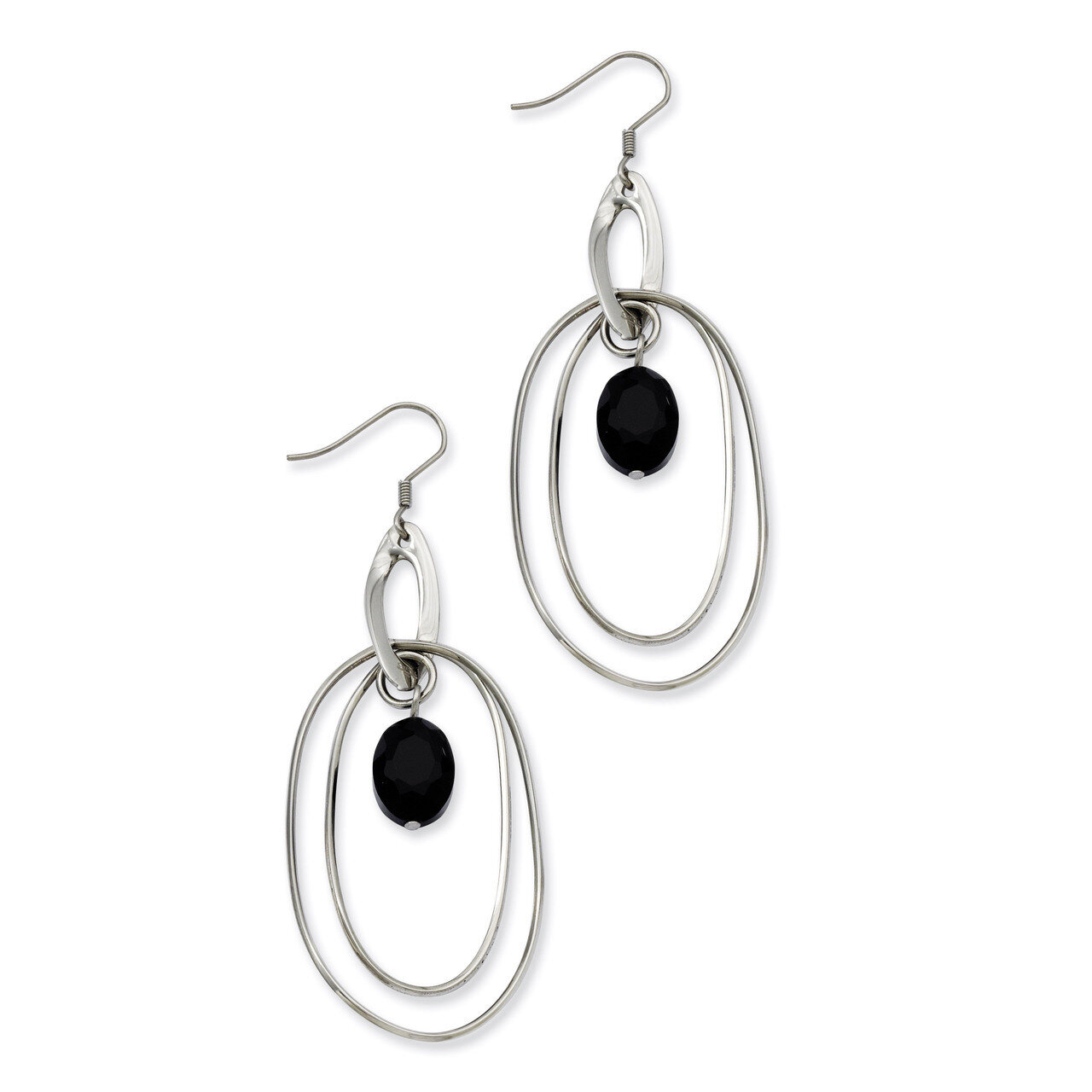Multiple Circles with Black Glass Dangle Earrings - Stainless Steel SRE457