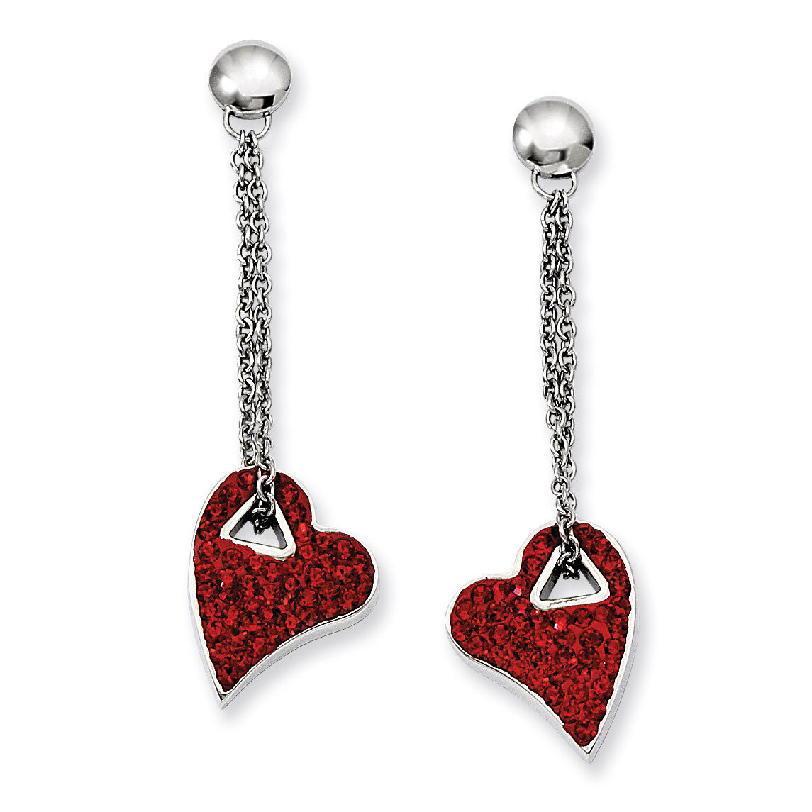 Red Crystal Heart Post Dangle Earrings - Stainless Steel SRE483