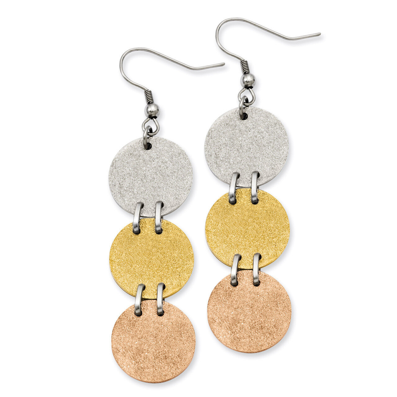 Tri-Color IP-plated Discs Dangle Earrings - Stainless Steel SRE524 by Chisel, MPN: SRE524, 19110107…