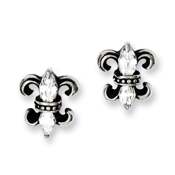 Antiqued Fleur de lis with Synthetic Diamond Post Earrings - Stainless Steel SRE598 by Chisel, MPN:…