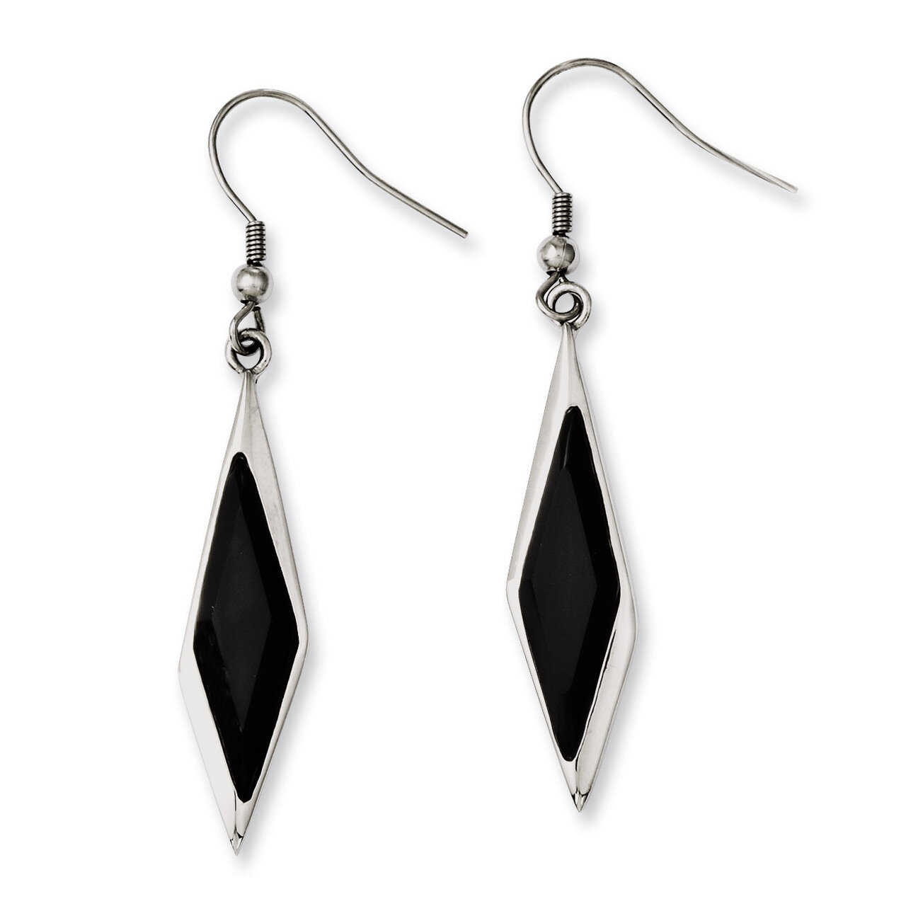 Black Glass Polished Fancy Dangle Earrings - Stainless Steel SRE602