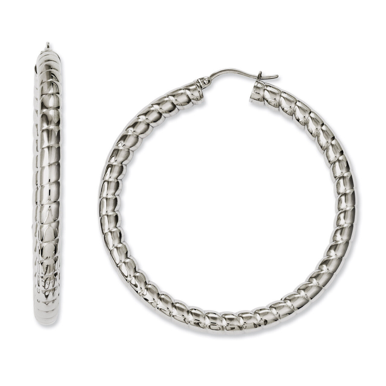 Textured &amp; Polished Hollow 45mm Hoop Earrings - Stainless Steel SRE642 by Chisel, MPN: SRE642, 8839…