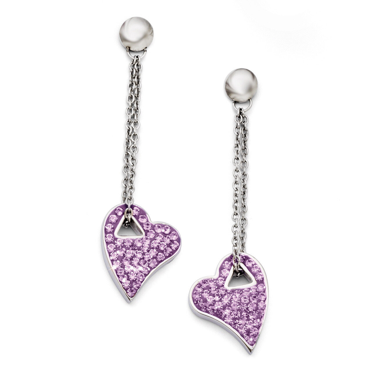 Light Purple Crystal Post Dangle Heart Earrings - Stainless Steel SRE688