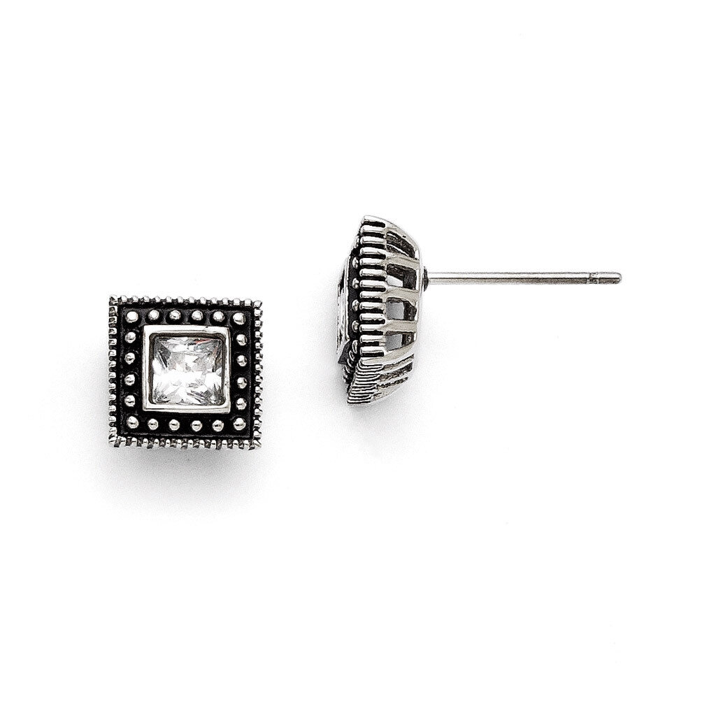 Square Synthetic Diamond Antiqued Post Earrings - Stainless Steel SRE712