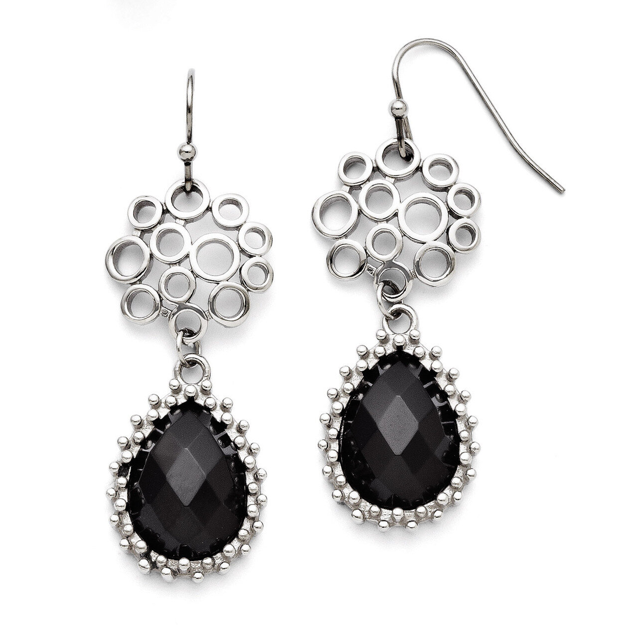 Black Onyx Shepherd Hook Teardrop Earrings - Stainless Steel SRE717