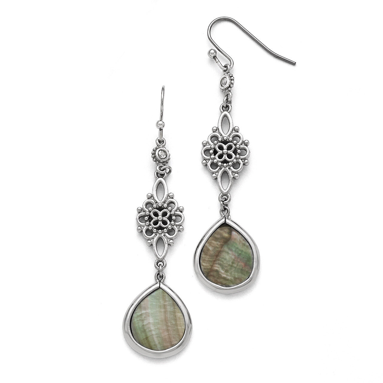 Polished Black Mother of Pearl Synthetic Diamond Dangle Earrings - Stainless Steel SRE744