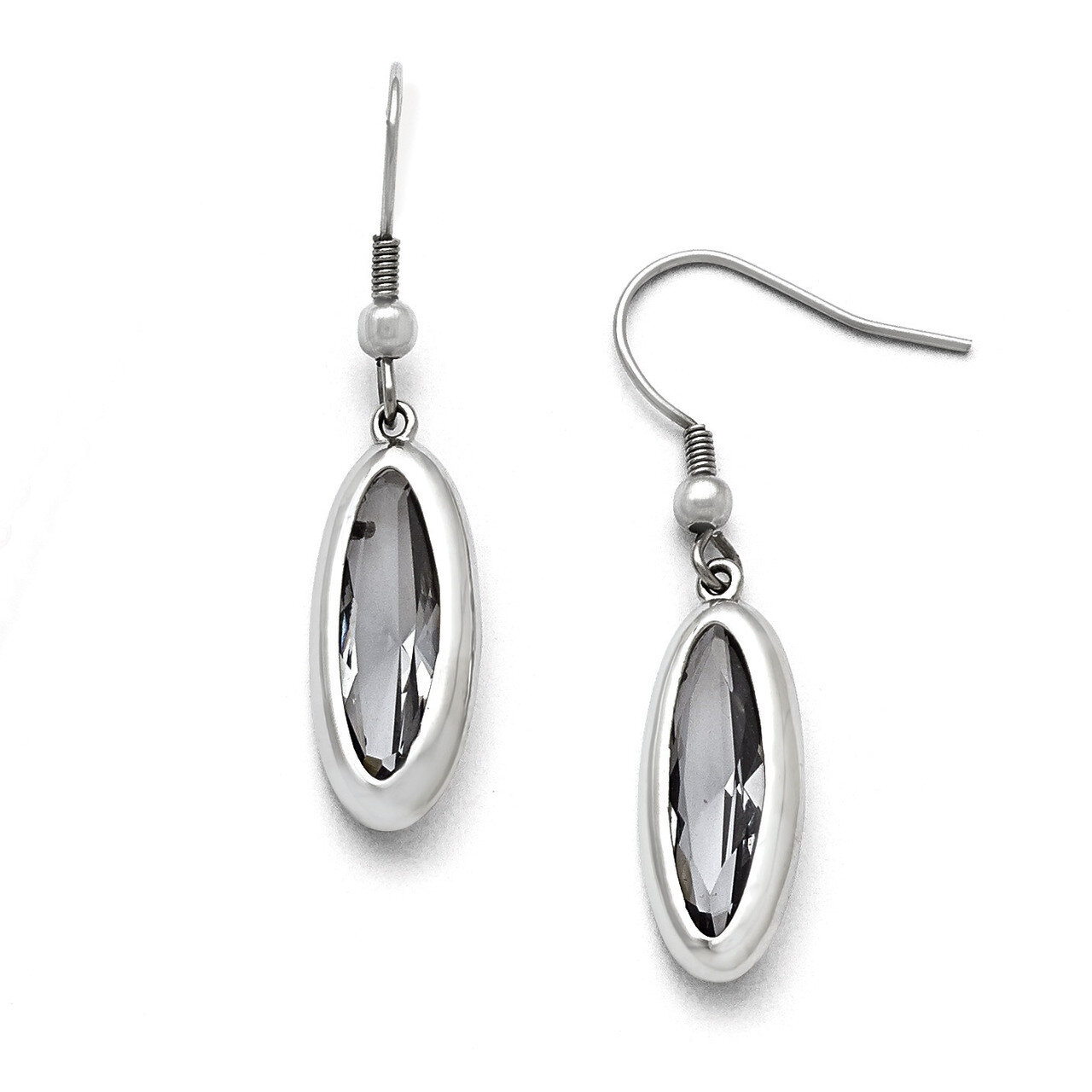 Polished Glass Oval Shepherd Hook Dangle Earrings - Stainless Steel SRE745