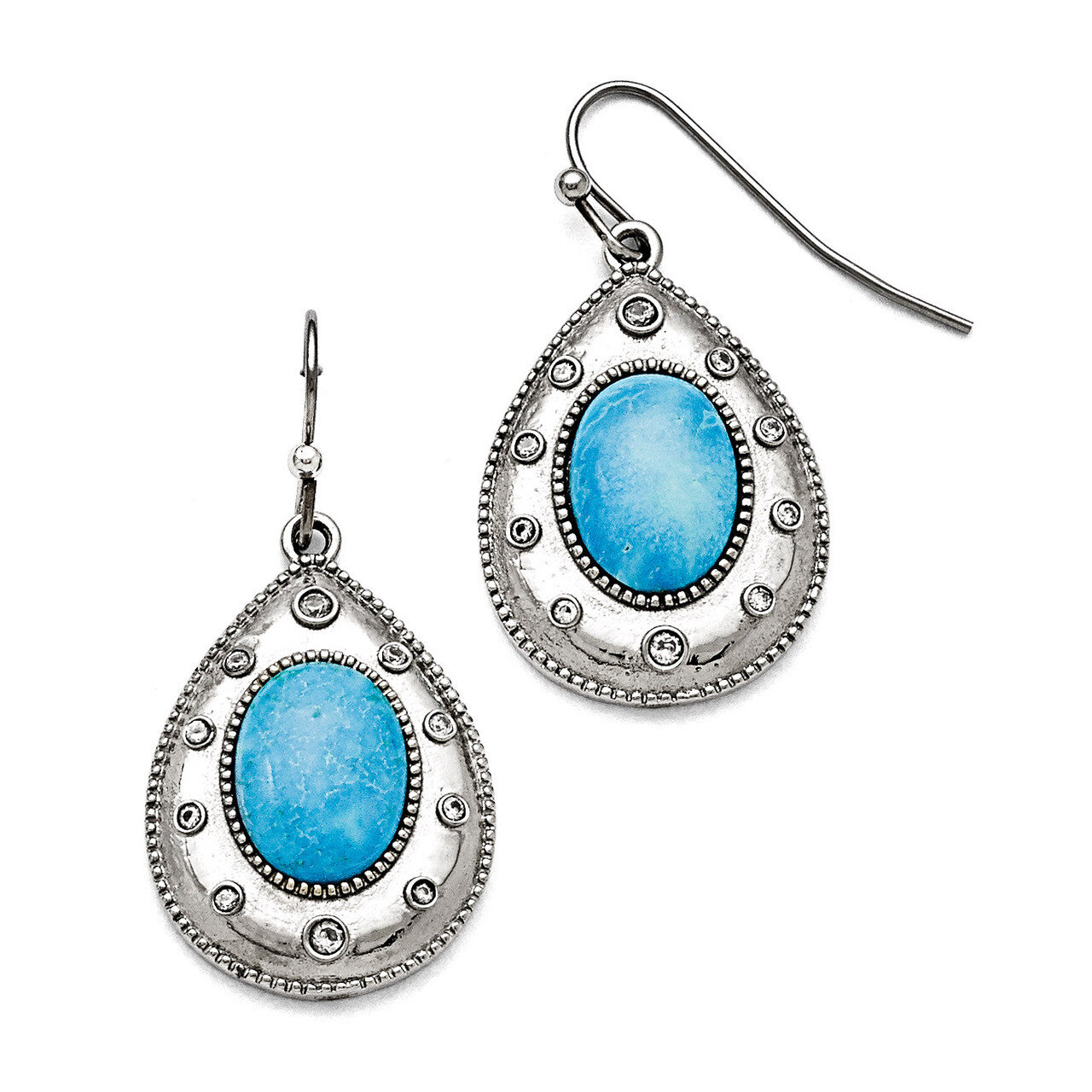 Polished Imitation Turquoise and Synthetic Diamond Shepherd Hook Earrings - Stainless Steel SRE751 …