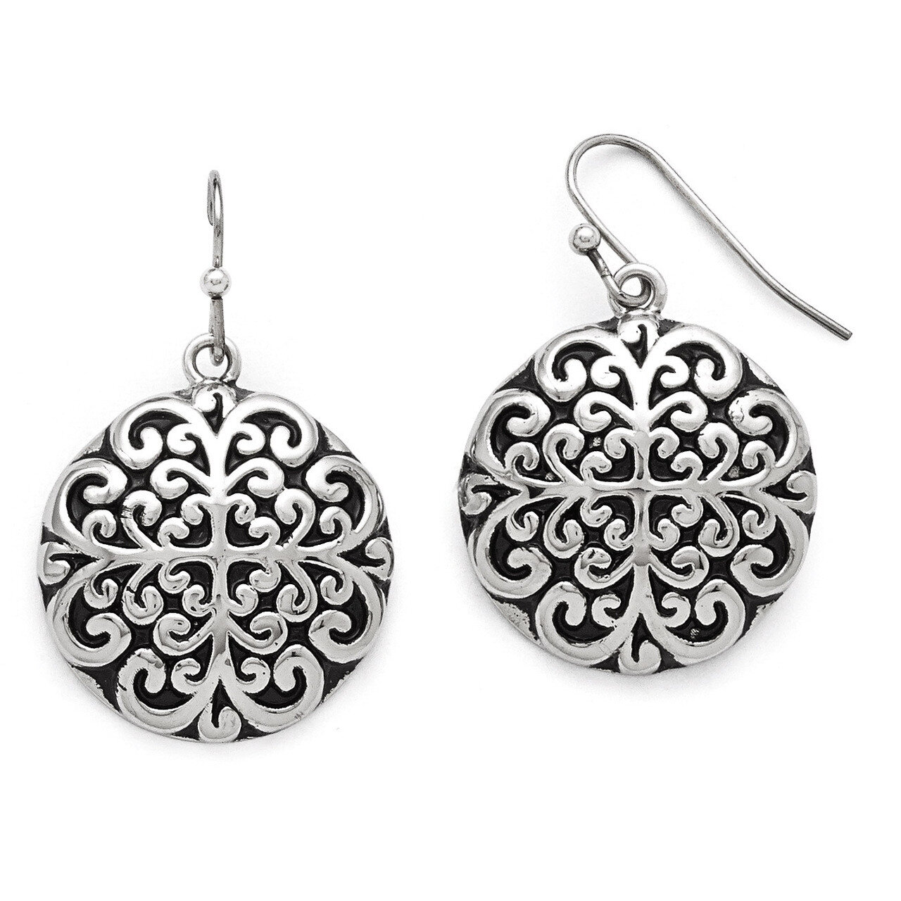 Polished Antiqued Circle Dangle Earrings - Stainless Steel SRE755 by Chisel, MPN: SRE755, 886774986…