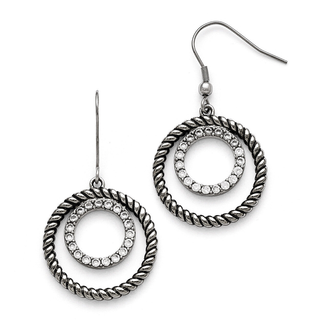 Polished and Antiqued Synthetic Diamond Circle Dangle Earrings - Stainless Steel SRE767 by Chisel, …