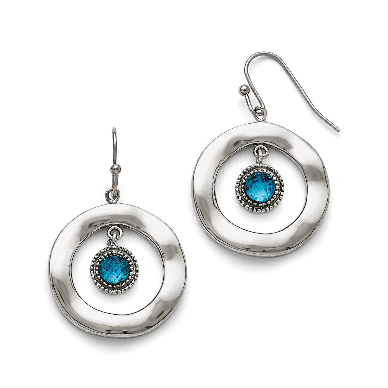 Polished Wavy Circle Blue Glass Earrings - Stainless Steel SRE784