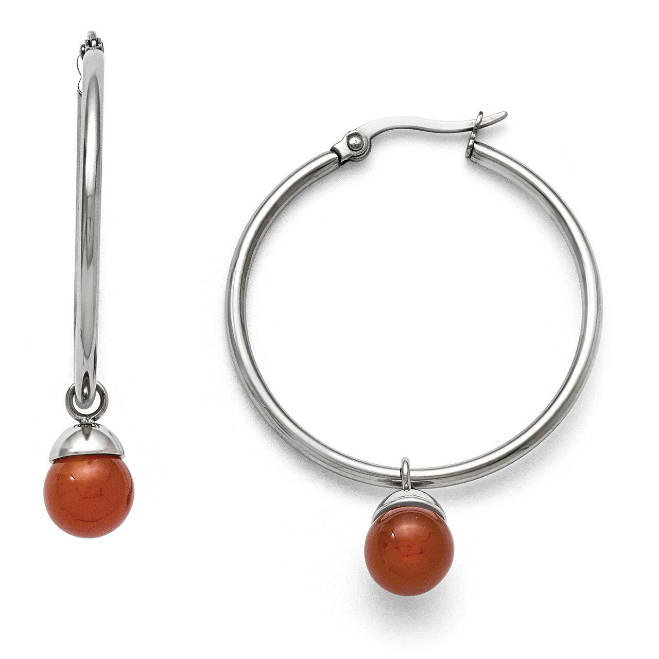 Polished Hinged Hoop with Red Agate Bead Earrings - Stainless Steel SRE801