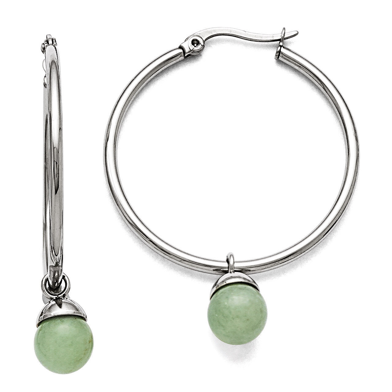 Polished Hinged Hoop with Green Aventurine Bead Earrings - Stainless Steel SRE802