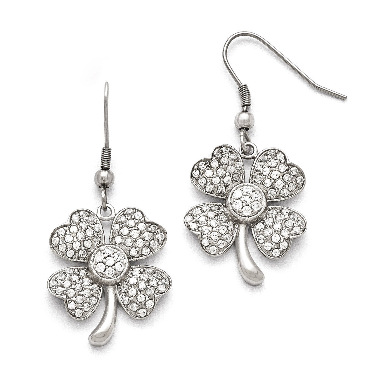 Polished 4-Leaf Clover with Synthetic Diamond Shepherd Hook Earrings - Stainless Steel SRE807 by Ch…