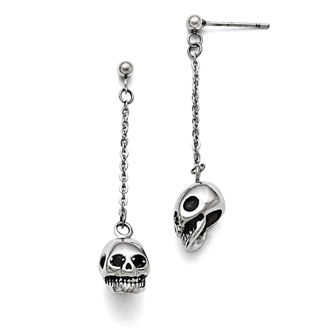 Polished Antiqued Skull Post Dangle Earrings - Stainless Steel SRE829 by Chisel, MPN: SRE829, 88677…