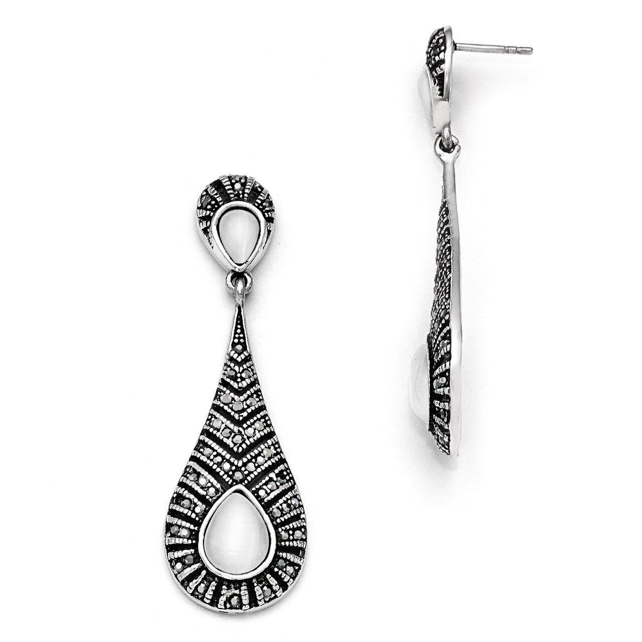 Polished Marcasite Cat&#39;s Eye Post Dangle Earrings - Stainless Steel SRE886 by Chisel, MPN: SRE886, …
